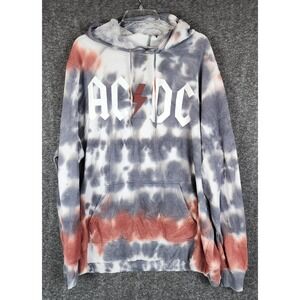 AC/DC Graphic Hoodie Mens 2XL Grey Tie Dye Rock Band Pullover Sweatshirt